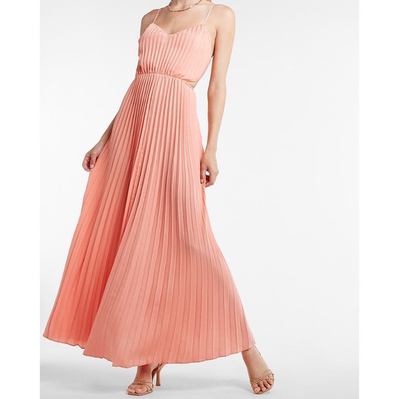 open lace back dress Peach Chiffon Pleated Off Shoulder Maxi Dress – PinkBlush main image 1